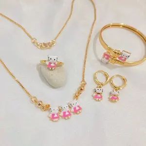 Set Perhiasan Anak Lengkap Hello Kitty Pink Kepala Tiga Lucu Fhasion Aksesoris Costume Fashion gelang satu keroncong Pelapis Logam قلادة kalung anting
