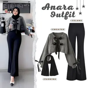 Anara Outfit Set Wanita Kekinian 3in1 (Celana Cutbray + Sweater Ribbon + Pasmina) Outfit Hijab AMO65