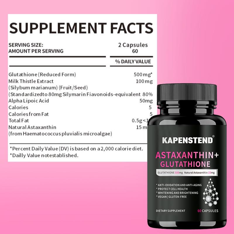 KAPENSTEND 120 Kapsul,Glutathione +Astaxanthin mendukung kesehatankardiovaskular dan kulit, anti penuaan danmemutihkan tubuh, MALL