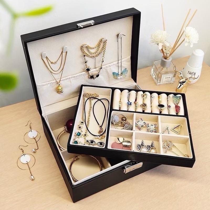    Hàng loại 1 .Hộp đựng đồ trang sức phụ kiện 2 tầng có khóa da PU lì dễ vệ sinh 23*17*9cm hộp  gỗ  đựng  trang  sức jewelry 