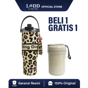 【MAK SAN】【BELI 1  GRATIS 1 】 LeDingDing-Tumbler Thermos SUS316 Stainless Portable Botol 900ML + Gelas Soup Pink dengan Desain Houndstooth dan Tali Gantung