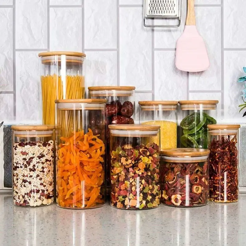 ID HOME Toples Kaca Tutup Kayu Makanan Kedap Udara Penyimpanan Jar Bumbu Snack Serbaguna Jar Kaca Bambu Wadah Permen Permen
