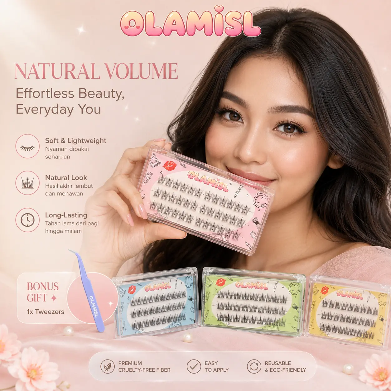 OLAMISL Bulu Mata Palsu Tanpa Lem, Bulu Mata Natural Alami, Tahan Air & Keringat, Tanpa Tulang, Nyaman Dipakai, Memperbesar Mata dalam 3 Detik