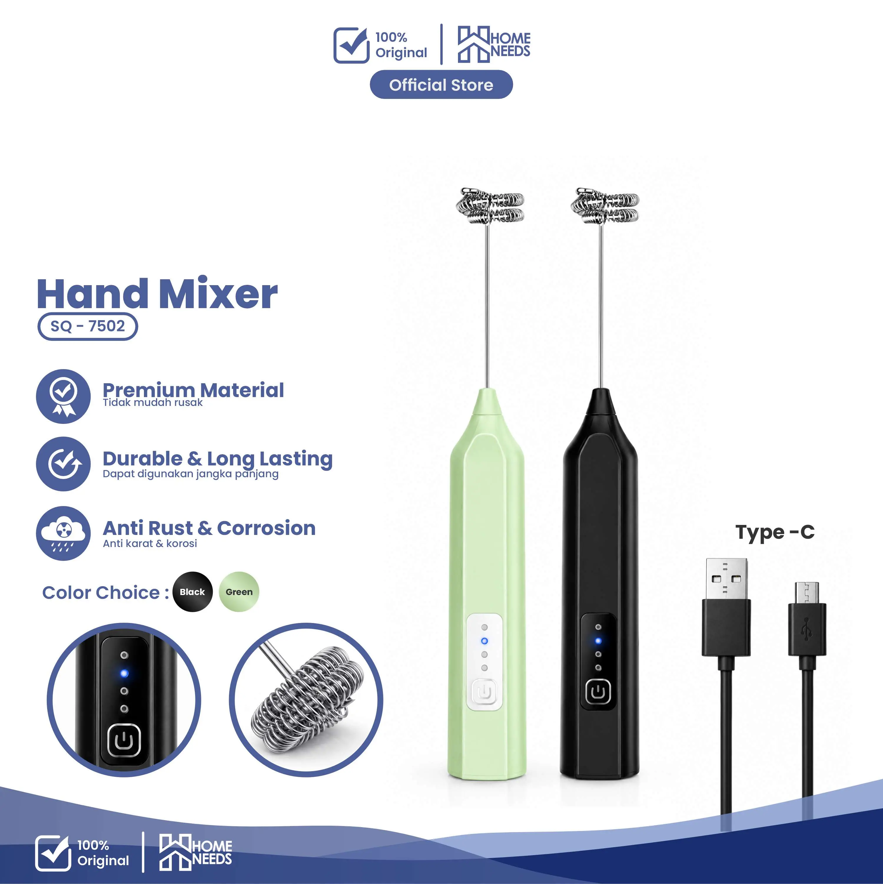 Hand Mixer Mini Pengaduk Kopi Susu Telur Elektrik Bahan Plastik SQ-7502 Hitam Dengan Kabel USB TYPE C