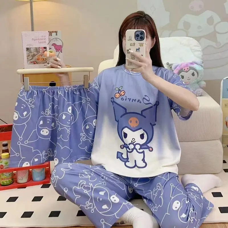 Set Piyama 3 in 1 Wanita Dewasa - Baju Tidur Lengan Pendek + 2 Pcs Celana Tidur Panjang Pendek Fit 3
