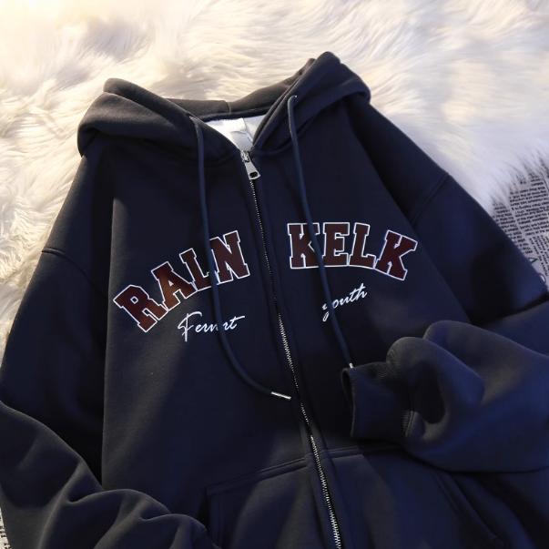 Jaket Hoodie RALN KELK Zipper Unisex Casual Street Lengan Panjang Pullover Resleting Fleece Pria Wanita Lembut Terbaru Kekinian Keren Remaja Distro Suwiter