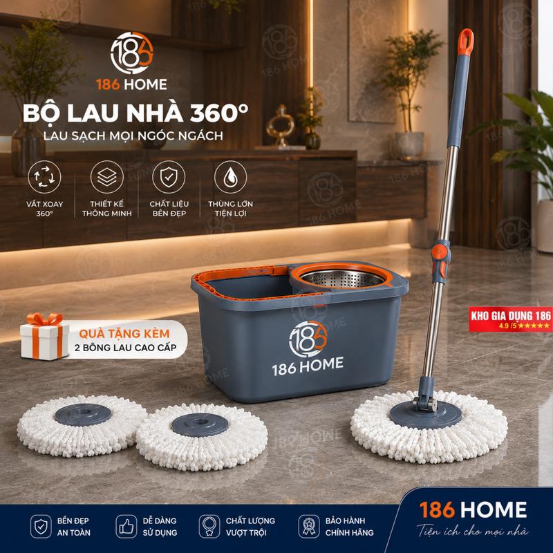 Bộ cây lau nhà 186HOME (1thùng + 1 cây lau + 3 bông lau siêu hút) tự vắt thông minh đầu xoay 360 độ tiện lợi lau sàn làm sạch. Lòng inox, cây chổi lau nhà