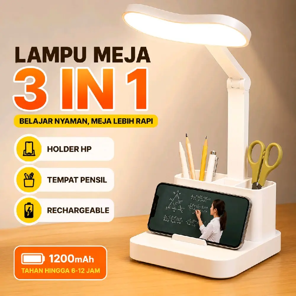 Lampu Meja Belajar 3 in 1 Rechargeable Holder HP Pen Holder LED Lipat 1200mAh ARUDUN