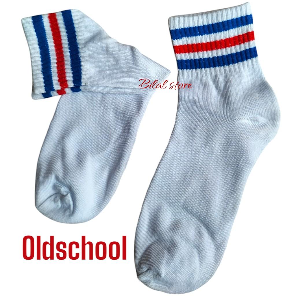 Kaos Kaki Oldschool Putih Strip Garis Tiga Pendek Atas Mata Kaki - 1 Pasang Pria Wanita Katun Nyaman Lembut