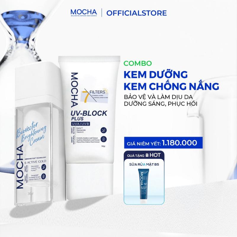 MOCHA COMBO KEM DƯỠNG BIOVECTOR & KEM CHỐNG NẮNG 7 MÀNG LỌC SPF 50 PA++++ Skincare Serum Tặng Sữa Rửa Mặt Vitamin B5 25ml