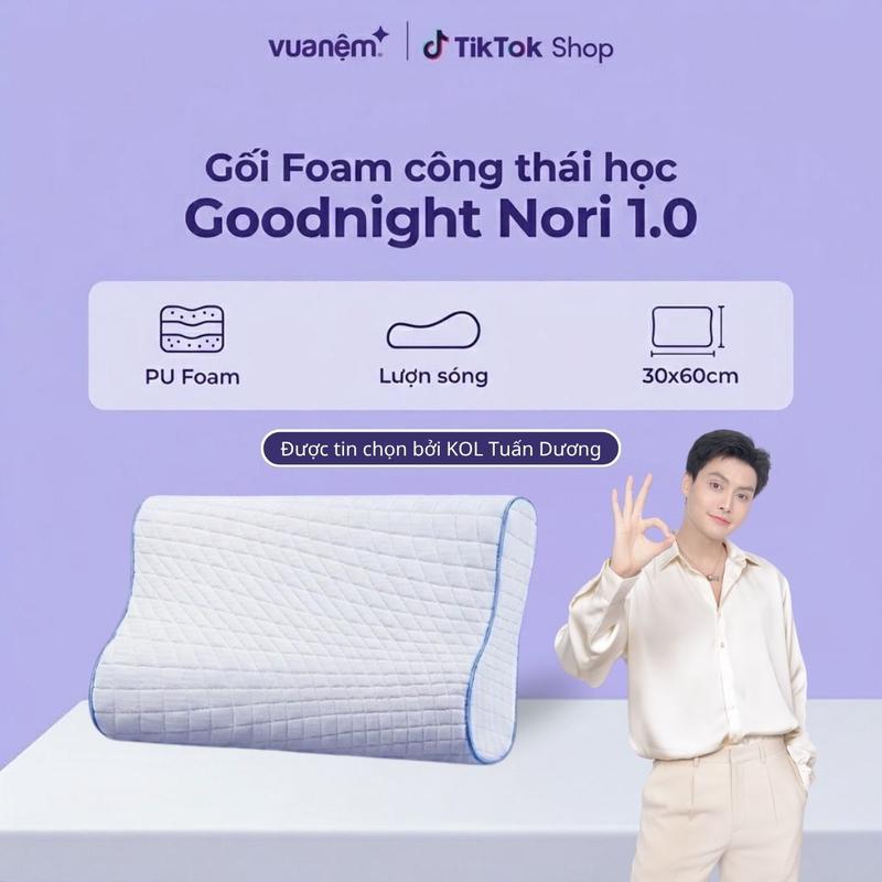 Gối foam công thái học Goodnight Nori 1.0 VUA NỆM - Cứng vừa, Lượn sóng, êm vừa, thích hợp người thích nằm nghiêng, 30x60cm