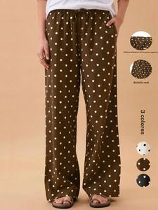 Pantalones de satén para mujer con lunares, pierna ancha, ajuste holgado casual, cintura con cordón ajustable, estilo recto y bolsillos, ideales para la playa, viajes y vacaciones
