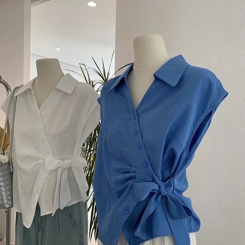 [ XẢ KHO ] Áo sơ mi tay hến thắt nơ eo chất đũi mềm mát E6