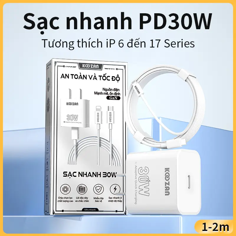 Bộ sạc nhanh IP , Đầu sạc nhanh PD30W, Cáp sạc nhanh 1m2m, Tương thích IP 6 đến 17 Series,sạc 30 phút đầy đủ 60-80% pin, Bảo Hành Đổi Mới 12 Tháng