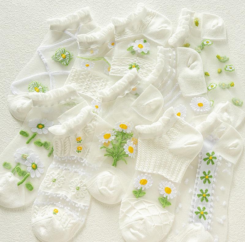 Product Introduction of Tất Lụa Pha Lê Mùa Hè, 5 Đôi, Siêu Mỏng, Trong Suốt, Tất Ngắn Ren Cho Bé Gái, Thời Trang, Hoa Cúc Tươi, Tất Thuyền Vô Hình 3