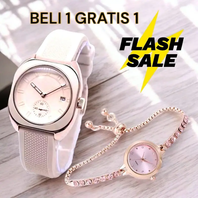 PROMO BELI 1 GRATIS 1 Jam Tangan Wanita Segi Terbaru Tali Rubber Free Jam Gelang Serut Analog Watches 0