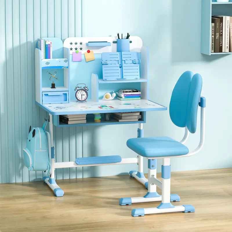 2Pcs/Set Kids Study Desk Chair Set, Height Adjustable Children School Study Table Chair Set with Sitting Corrector, Ergonomic Desk Chair with Book Stand, Foot Pedal, Partition Design (Pink, Blue) 3