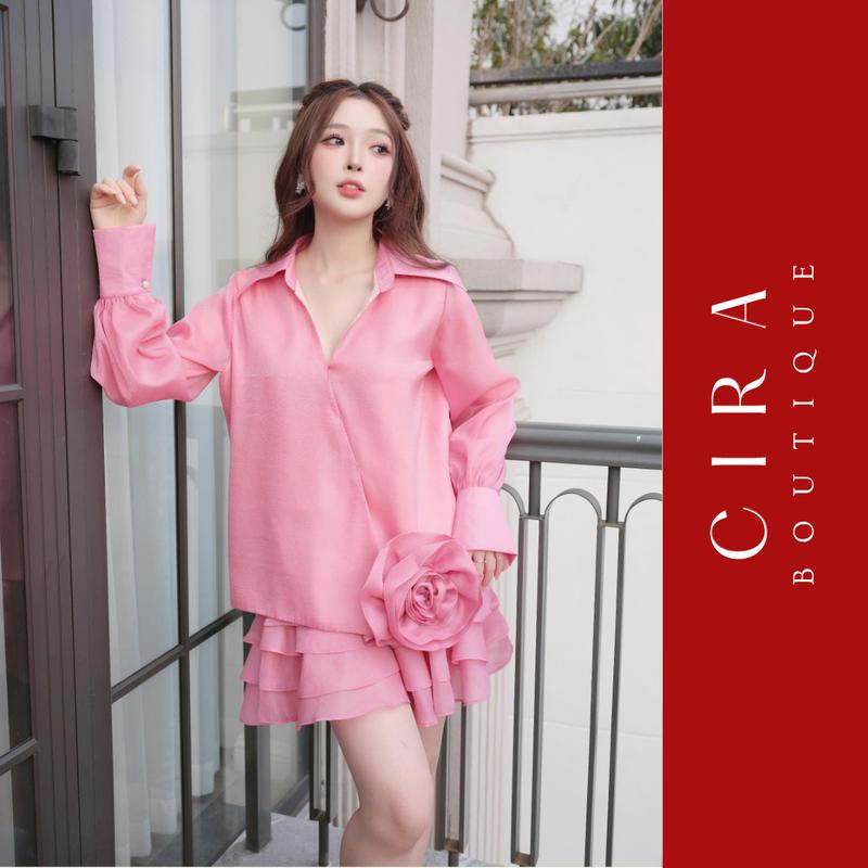 Sét Áo Sơ Mi Tay Dài Đính Hoa + Chân Váy Bèo Tầng - 3 Màu Hồng/Be/Đen- Đủ Size S/M/L set váy sơ mi nữ Cira Boutique D1070