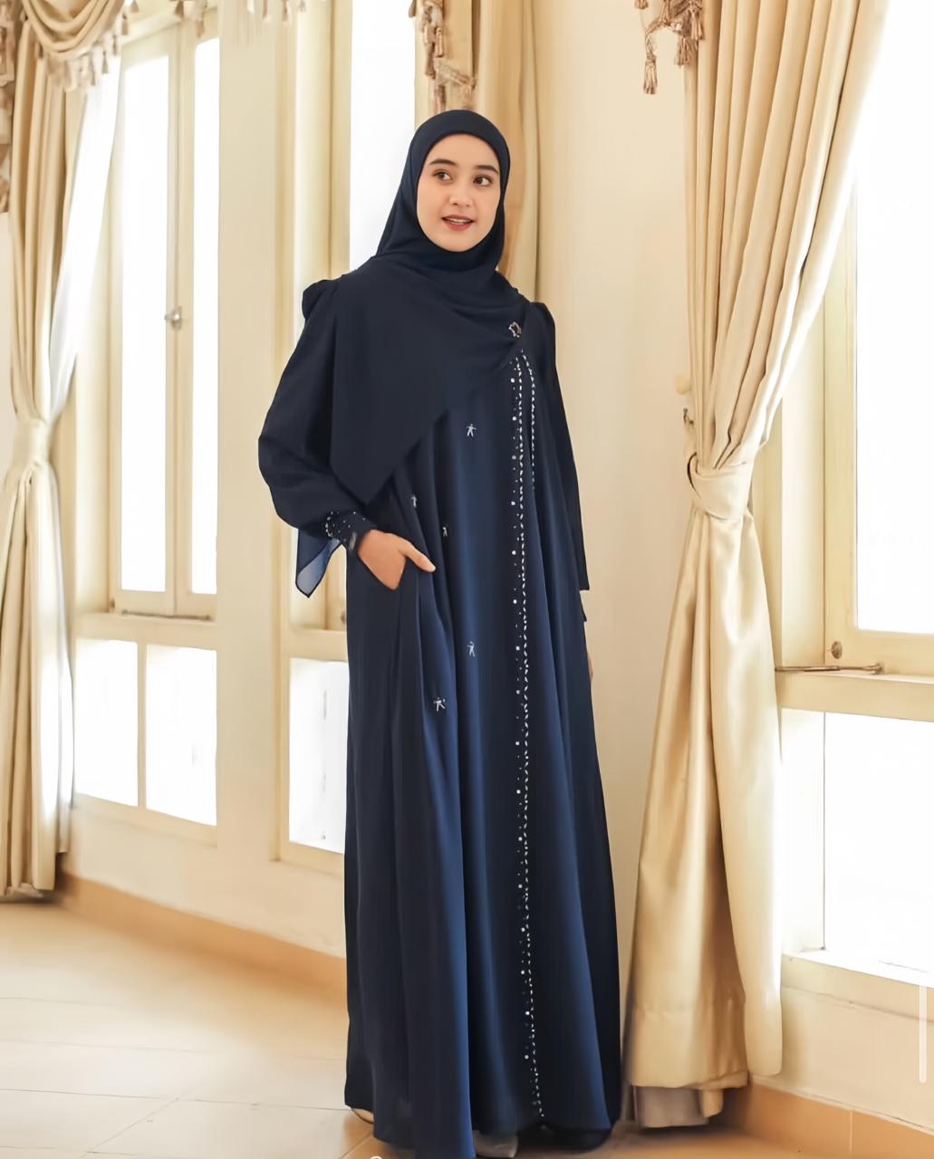 Suci dress abaya wanita terbaru bahan ceruty babydoll full puring aplikasi payet mutiara gamis abaya hitam polos simple elegant mewah ukuran jumbo fit L-XL