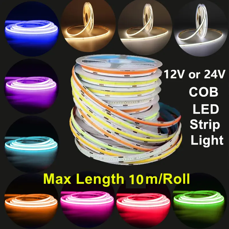 Dải đèn LED COB linh hoạt, DC12V hoặc 24V, màu đỏ, xanh sao, xanh lá cây, hồng, vàng, xanh băng, trắng ấm, tím, mật độ cao, đèn đồng nhất, dải đèn LED, mặt sau với băng dính, ruy băng LED, để trang trí, nhà, ô tô, xe tải, xe máy 0
