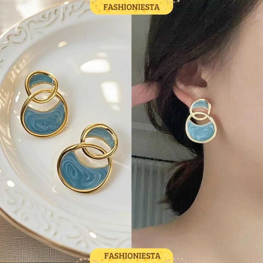 Anting-Anting Lingkaran Dua Biru Elegan Anti Karat S925 Aksesoris Wanita Korea Style Fashion