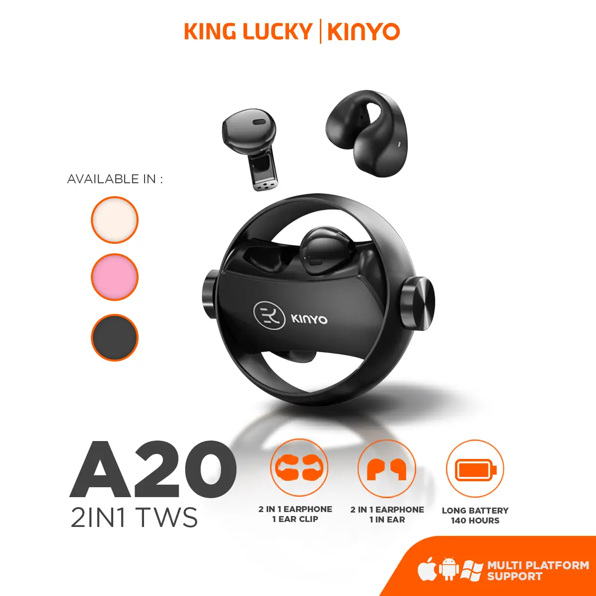 KINGLUCKY 2 in 1 TWS Bluetooth Wireless A20 with Touch Control Waterproof Long Batery Life 6hours | TWS Anti Noise Beli 1 Dapat 2 TWS
