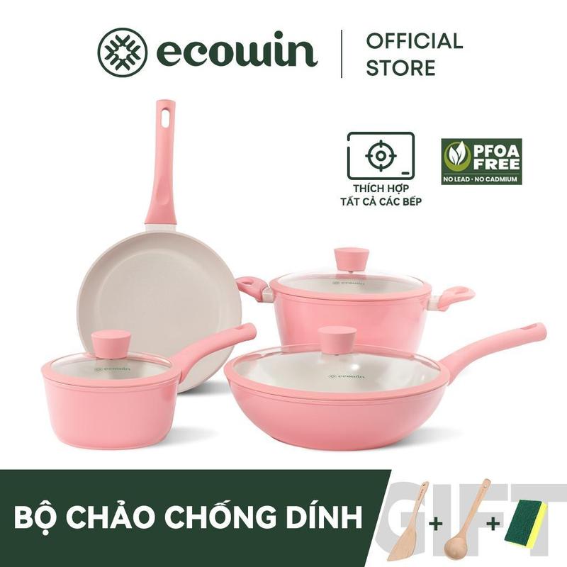 【Hot Sale Ecowin Bộ Dụng Cụ Nấu Ăn Chống Dính Dòng Đào Lớp Phủ Gốm Màu Hồng 4 Cái Bộ Bao Gồm Chảo Sữa 18cm Chảo Rán 24cm Nồi Súp 24cm và Chảo 30cm Thích Hợp Cho Mọi Loại Bếp