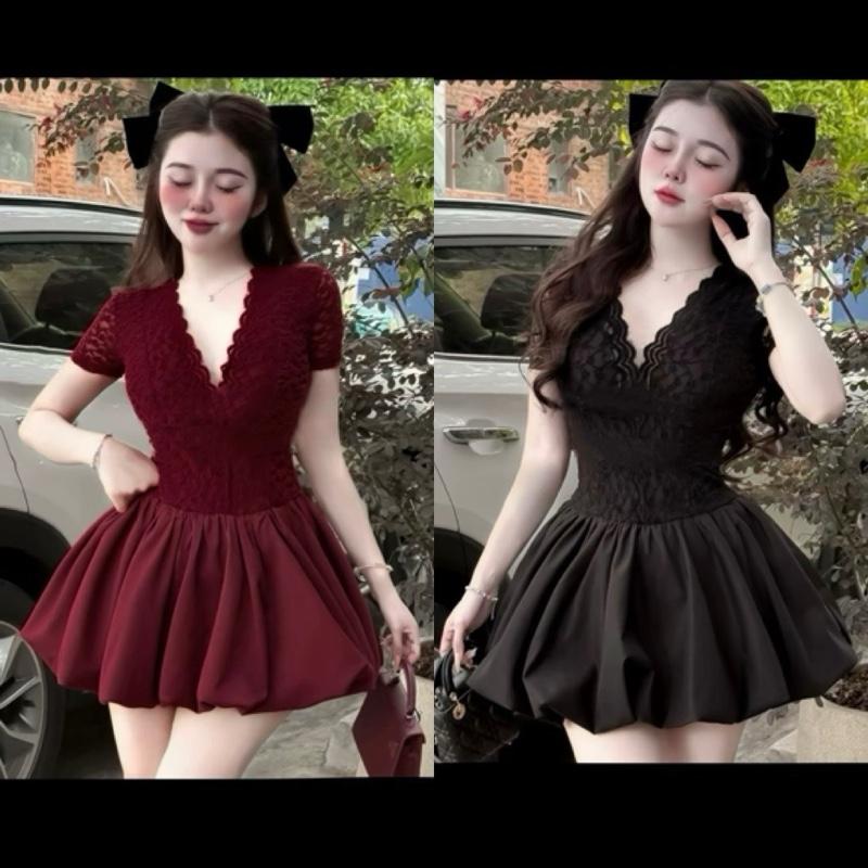 B95: Đầm Xoè Ren Cổ Tim Xinh Sang Phối Tùng Váy Xòe Tay Ngắn Xinh Tôn Dáng Mỹ Anh Boutiuqe