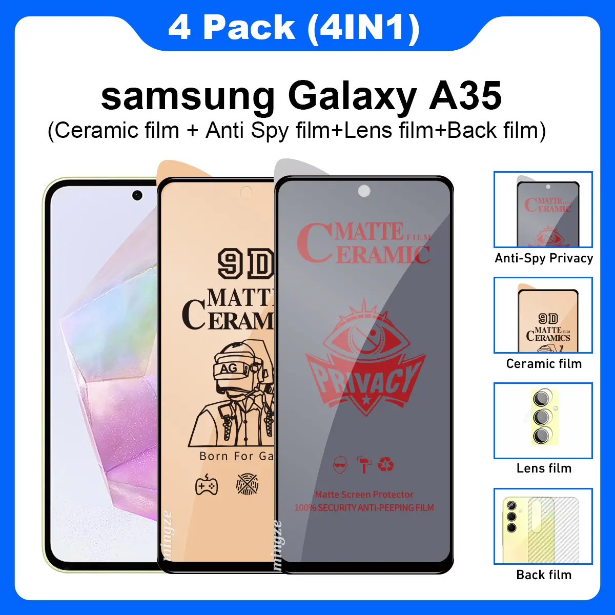(3 in 1) screen protection Bundle for samsung Galaxy A35 A55 A25 A15 Tempered glass Clear Privacy Matte ceramic Screen protector + lens film + back film