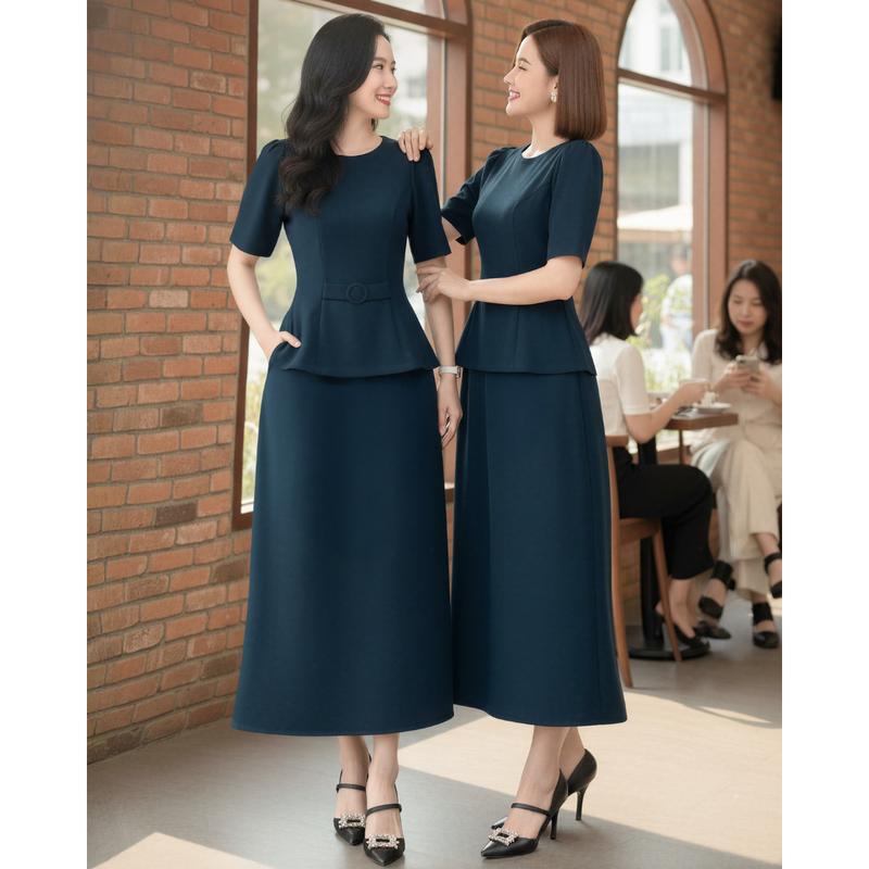  GUCO Áo Kiểu Cổ Tròn Nữ Eo Gắn Khoen Và Chân Váy Xòe Dáng Dài Màu Cổ Vịt A675 + CV270 Chất Liệu Vải Gold Mỹ Cao Cấp 