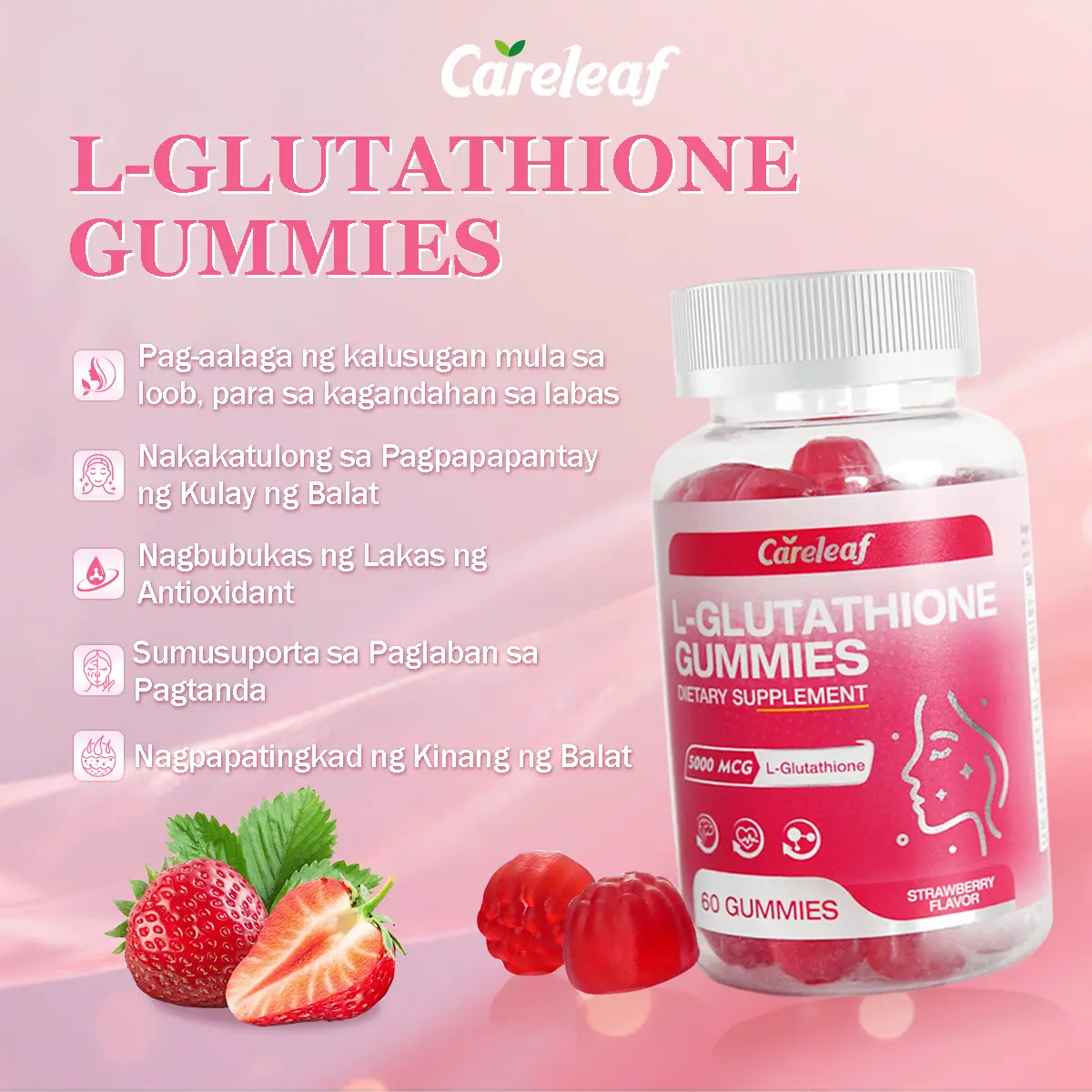 Skincare Gifts]Careleaf L-Glutathione Gummies 5000mcg Glow Supplement with  Vitamin C & E and Zinc