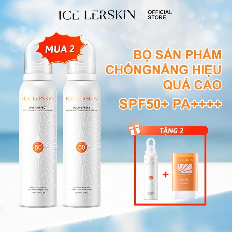 【Mua 2 tặng 2 ICE LERSKIN Xịt Chống Nắng Đa Hiệu 150ML*2 +  Quà Tặng Miễn Phí  Xịt Chống Nắng 150ML + Thanh Lăn Chống Nắng 20g SPF50 PA+++ chứa chiết xuất lá hoa nhài và tinh chất vitamin E 