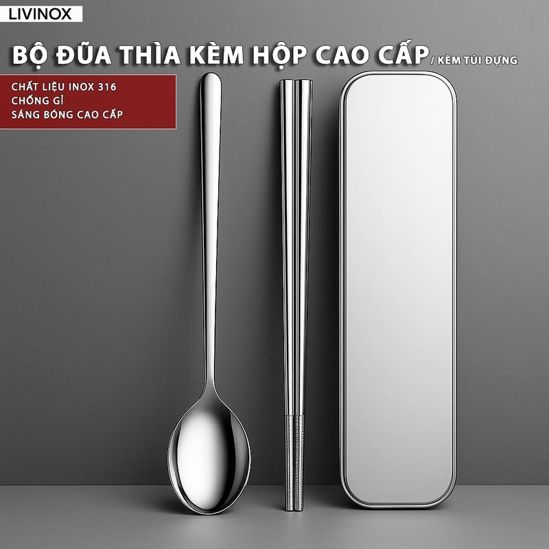 Bộ Muỗng Đũa INOX 316 CAO CẤP LIVINOX Bộ Đũa Thìa Kèm Hộp Và Túi Treo Tiện Lợi, Bộ Đũa Muỗng Mang Đi Làm Văn Phòng, Du Lịch Inox Cao Cấp Không Gỉ Dễ Vệ Sinh Sang Trọng Có Thể Dùng Được Trong Máy Rửa Bát