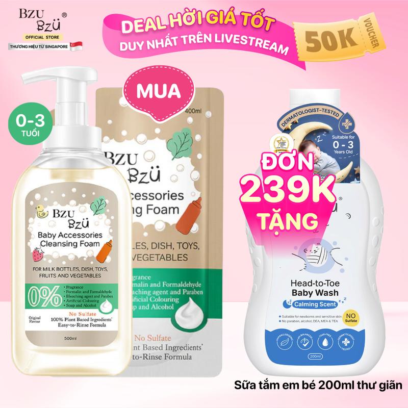 Combo 2 Nước Rửa Bình Sữa Đồ Dùng Em Bé BZU BZU Baby Accessories Cleansing Foam Tạo Bọt Không Mùi 1 Chai 500ml & 1 Túi 400ml Cho Bé Rửa Bình