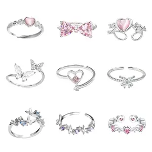 COD Cincin Zirkon Hati Cincin Kupu-kupu Cincin Mata Kucing Cinta Hati Pink Cincin Love Diamond Perak Tangan Anti Karat Cincin Korea Wanita Model Fashion Cincin Adjustable Aesthetic Import