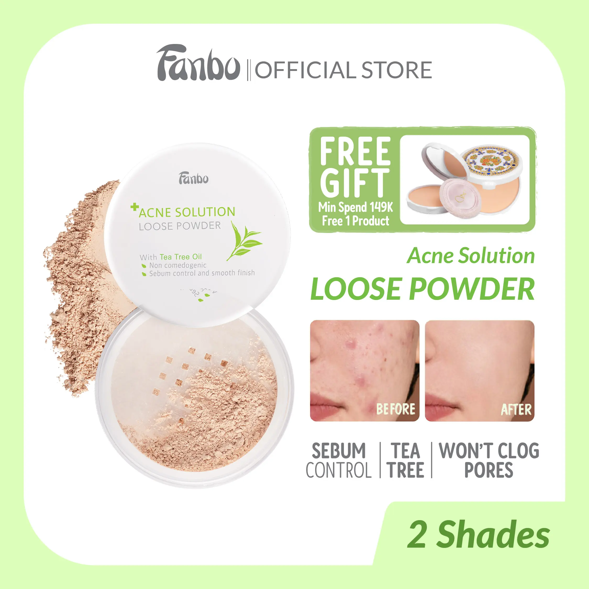 Fanbo Acne Solution Loose Powder -  Bedak tabur khusus untuk kulit berjerawat dan berminyak - mengontrol minyak berlebih - non Comedo Genic - matte finish