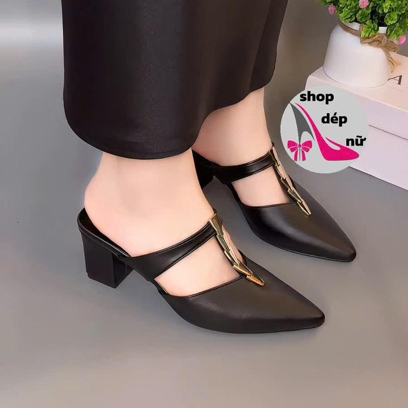 Giày cao gót nữ bít mũi đính khóa xinh xắn shoes đế cao 5,5 p mã 02 bề ngang to tăng 1 size