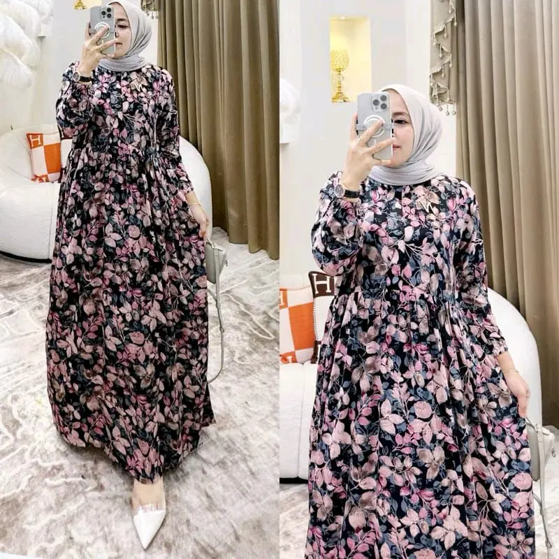 MIDI DRESS RAYON MOTIF BUNGA/ HOMEDRESS BUDUI FRIENLY WANITA MOTIF TERBARU Gamis Muslim Remaja Dewasa Fit Tebal Standar Samping 2