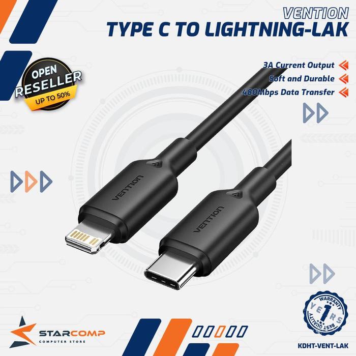 Gambar Vention Kabel Charger Type C to Lightning Fast Charging 27W PD - LAK - Black, 1M dari Starcomp Solo Kab. Sleman Tokopedia