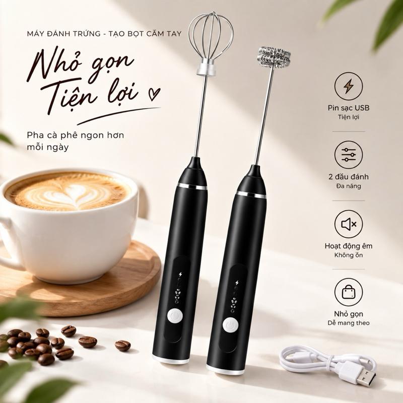 Máy Đánh Trứng Điện Tử USB Pin Sạc Tiện Lợi 2 Đầu Đánh Đa Năng Hoạt Động Câm Nhỏ Gọn Dễ Sử Dụng Phù Hợp Gia Đình Người Yêu Cà Phê Và Làm Bánh