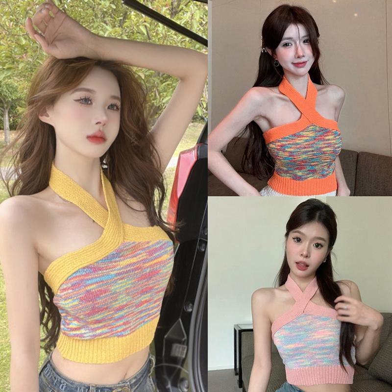 Áo Vest Cổ Yếm Chéo, Dành Cho Nữ, Trang Phục Mùa Hè, Với Hai Dây Đai, Sọc Cầu Vồng Tương Phản, Áo Yếm Dệt Kim Crop Top