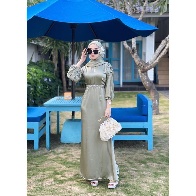 RINJANI DRESS GAMIS SATIN SILK TERMURAH PAKAIAN WANITA MUSLIM DRESS REMAJA PREMIUM FREE BELT PAYET DRESS POLOS MEWAH SIMPLE TERBARU 4