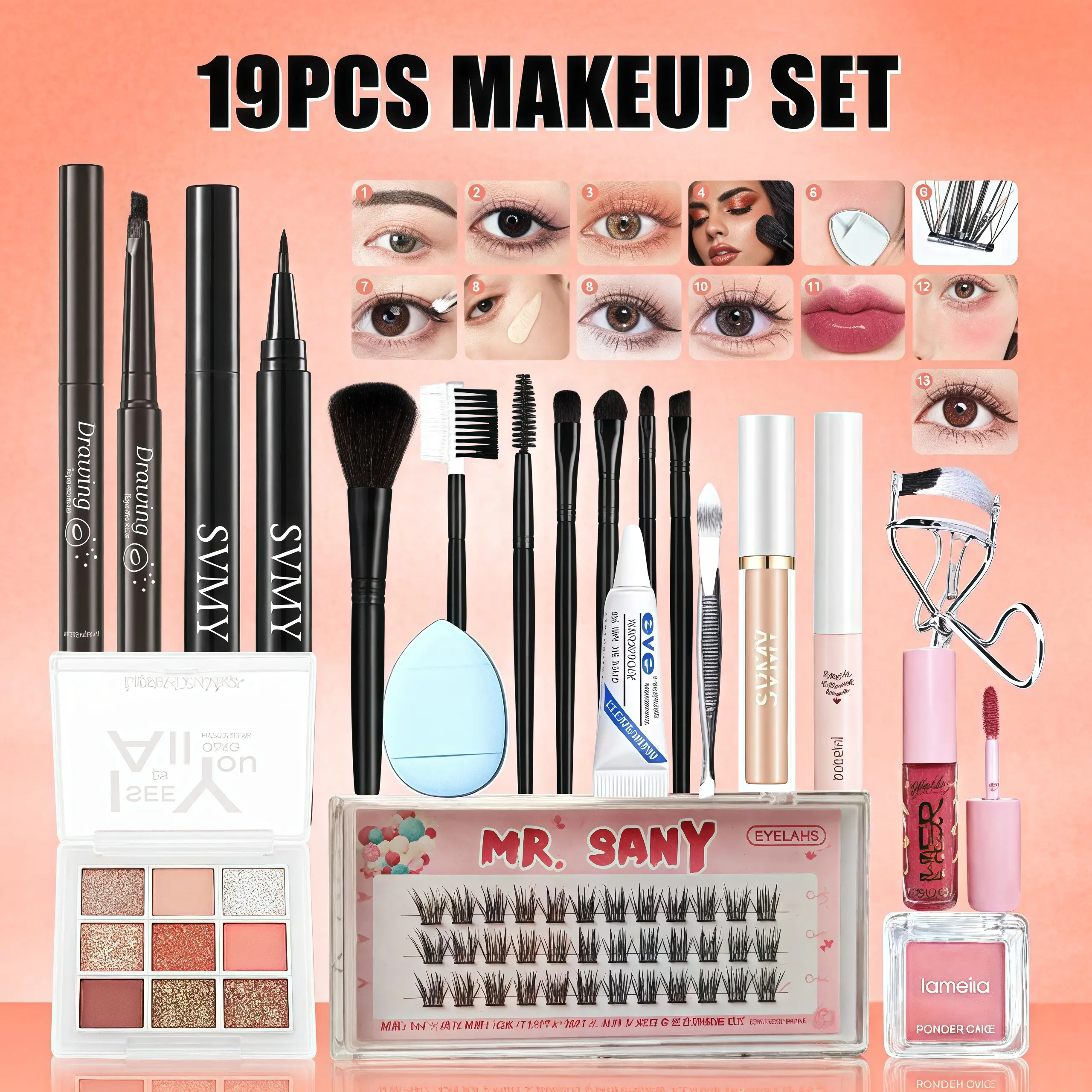 19PCS 1 set complete makeup cosmetic kit 9 Color Eye Shadow Palette Highlighter Makeup+ Waterproof Eyeliner Pen + Powder Blusher + Waterproof Eyebrow Pencil + 7PC Makeup Brush Set Tools + Black Mascara