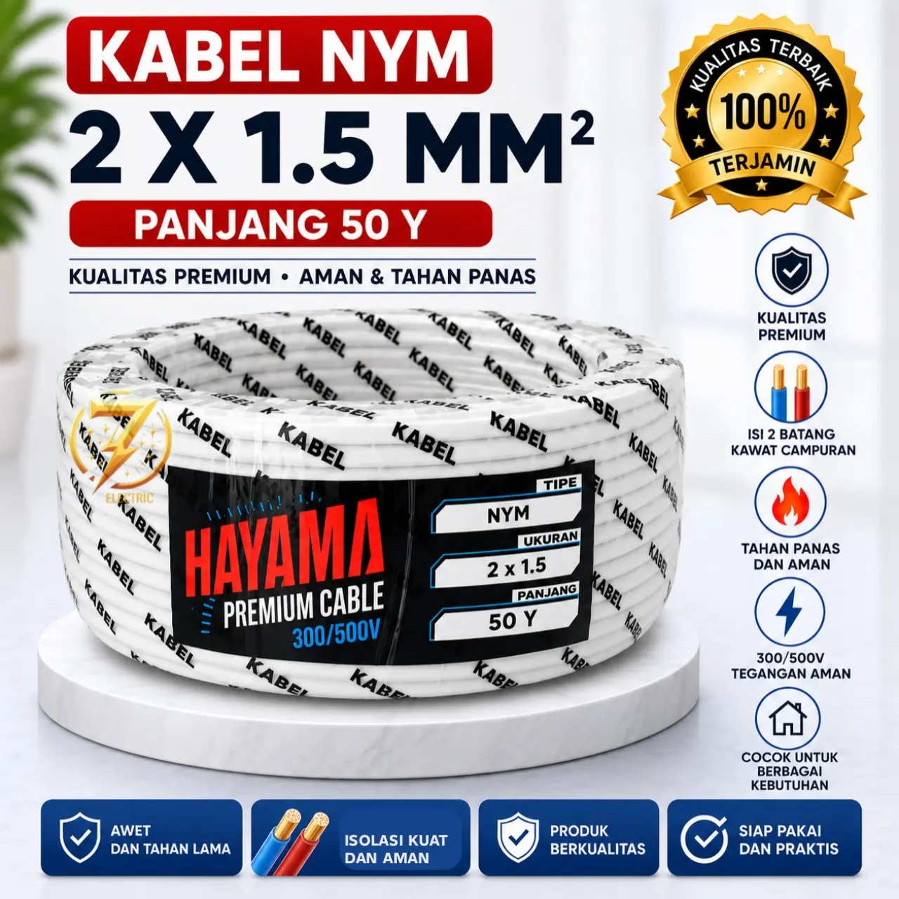 HAYAMA Kabel Listrik NYM Kawat 2x1.5 Panjang 50 Yard