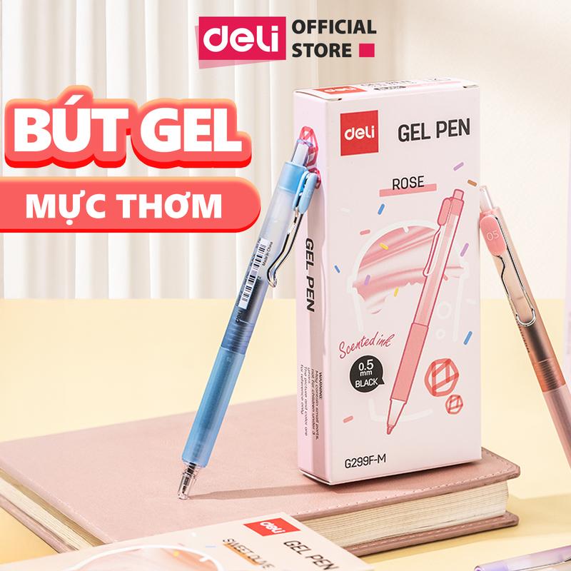  Bút Gel mực thơm Deli ngòi 0.5mm mực đen - Bút Gel bấm mực thơm hương hoa đệm tay êm ái 4 mùi có thể refill dùng cho văn phòng học sinh sinh viên 