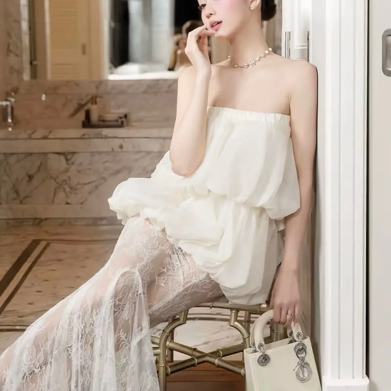 Sét Áo tơ bồng mix chân váy ren siêu hót hít  (L2) 3