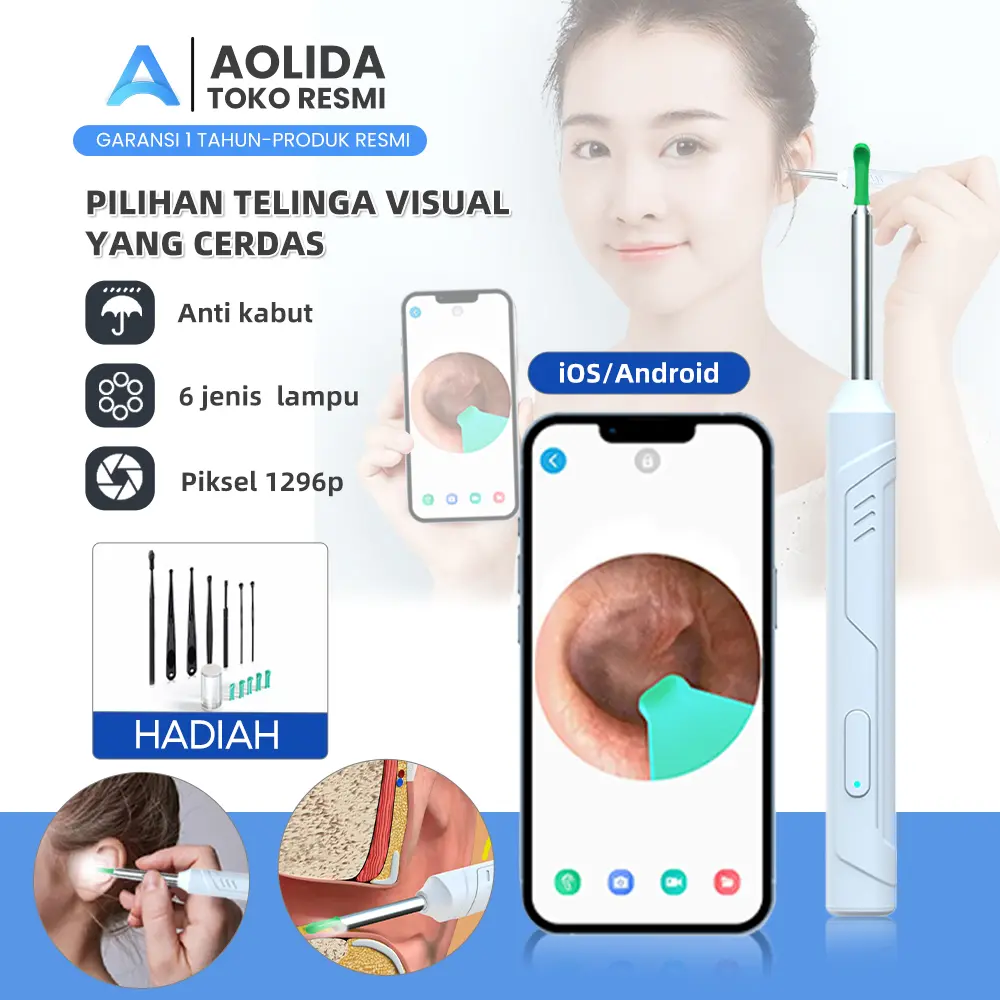 Aolida Korek kuping Led Koneksi nirkabel WiFi sendok telinga kamera HD pembersih telinga bayi Perlengkapan pembersih telinga