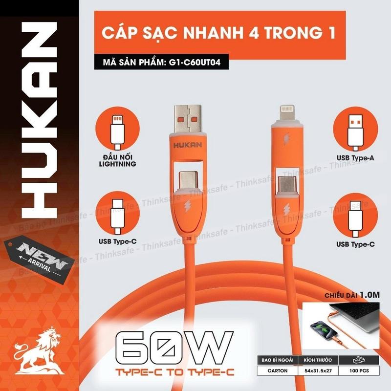 Dây Cáp Sạc Nhanh 4 trong 1 HUKAN G1-C60UT04, Sạc nhanh 60W, Đầu Chuyển 4 Trong 1 (Type-C, USB-A, Lightning) Dài 1 Mét