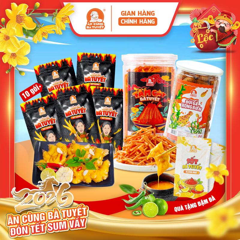   Tặng 2 gói sốt chấm  Combo SONG GÀ SONG BIM: 10 chân gà + 1 bim bim tăm cay + 1 hũ đùi gà - ĂN CÙNG BÀ TUYẾT M78 