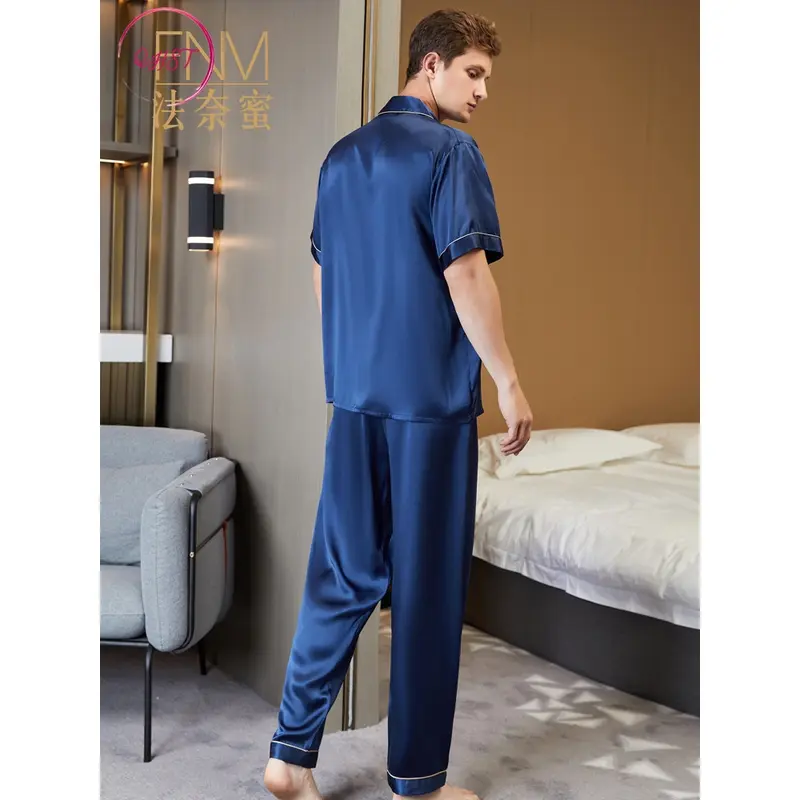 QHST Piyama Pria Biru Tua Solid Set Satin Warna Lunak | Lengan Pendek Celana Panjang Pajamas Import | Pria Baju Tidur 2